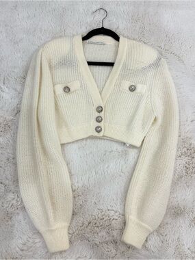 Alessandra Rich Ivory Cropped V-Neck Knit Cardigan with Decorative Buttons